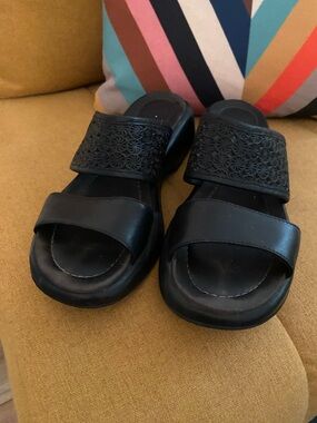 Dansko Black Leather Slide Sandals with Embossed Strap
